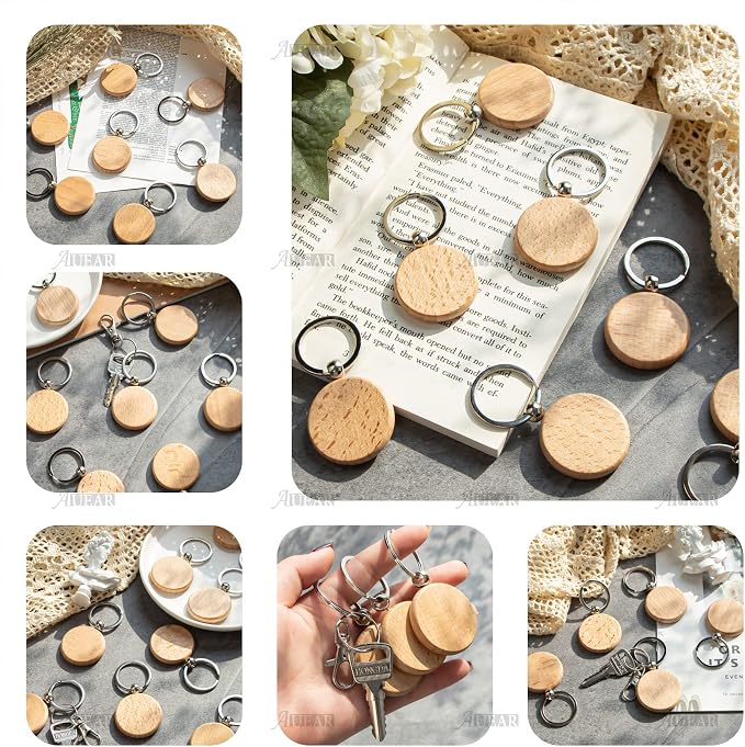 AUEAR, Blank Wooden Key Chain Wood Keychain Key Ring Key Tags Personalized EDC