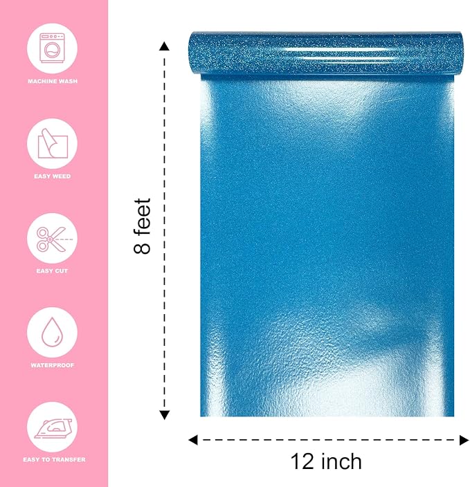 Sky Blue Glitter Heat Transfer Vinyl 12" x 8 ft HTV