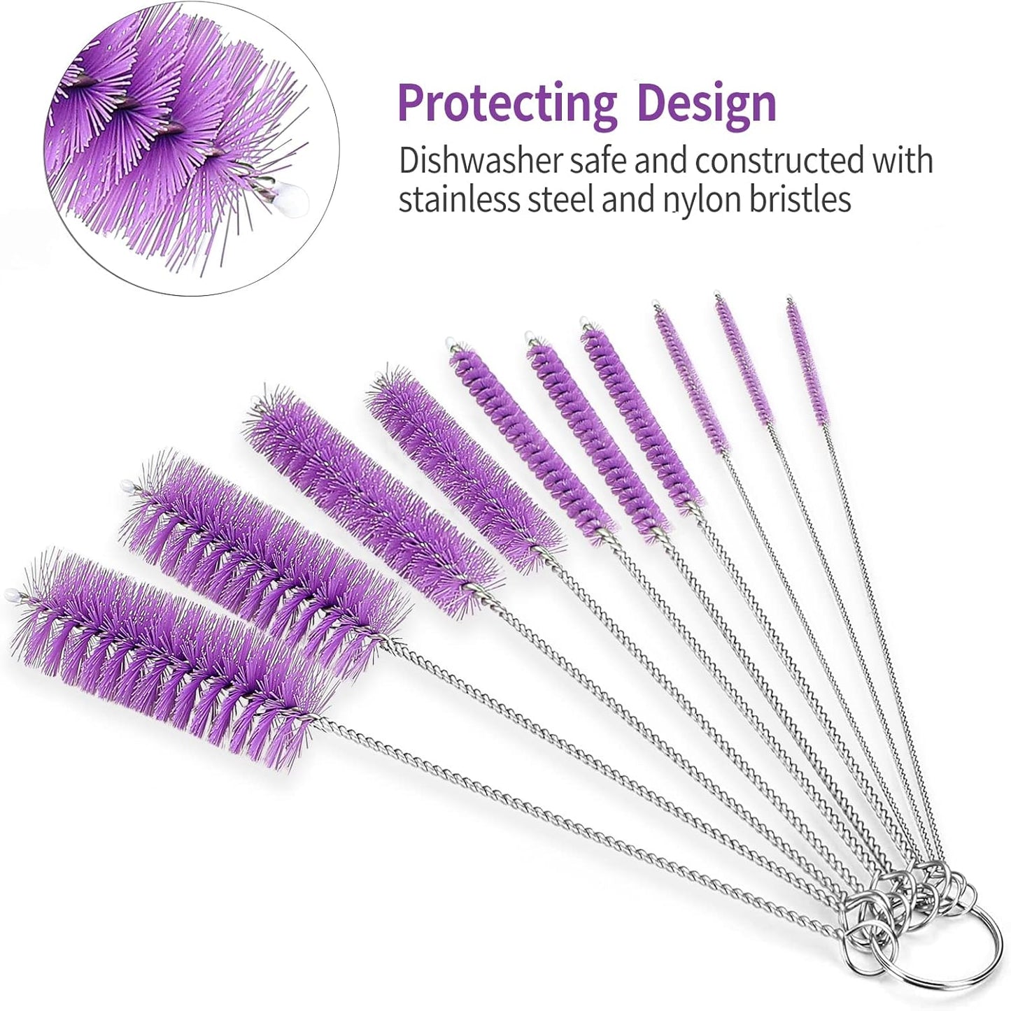 CiaraQ Bottle Cleaning Brushes, 8 Inch Nylon Tube Brush Set, Cleaner for Narrow Neck Bottles Cups with Hook, Set of 10pcs.