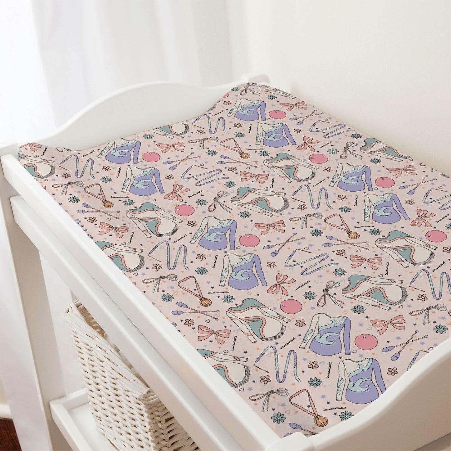 Cute Girl Gymnastics Baby Changing Pad Cover Sheets for Girls 32''x16'' Gymnast Ball Ribbon Floral Fitted Diaper Changing Table Sheets Comfort Soft Breathable Baby Change Table Mats Covers Pink