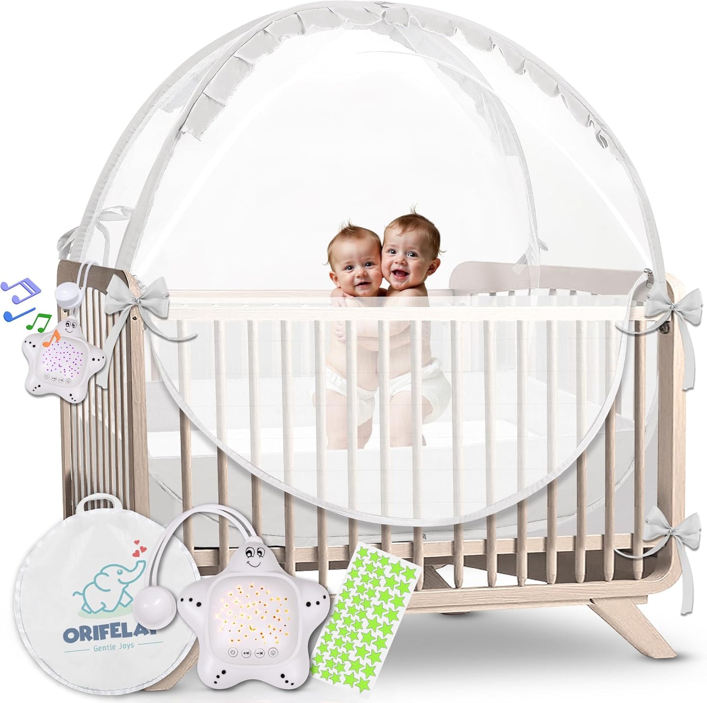 Baby Crib Tent - Toddler Bed Tent w/White Noise Machine, Wide Zipper Opening - Easy Setup Crib Cover w/Glow in The Dark Stickers & Custom Multi Color Light, Breathable Mesh Cribs Net (White)