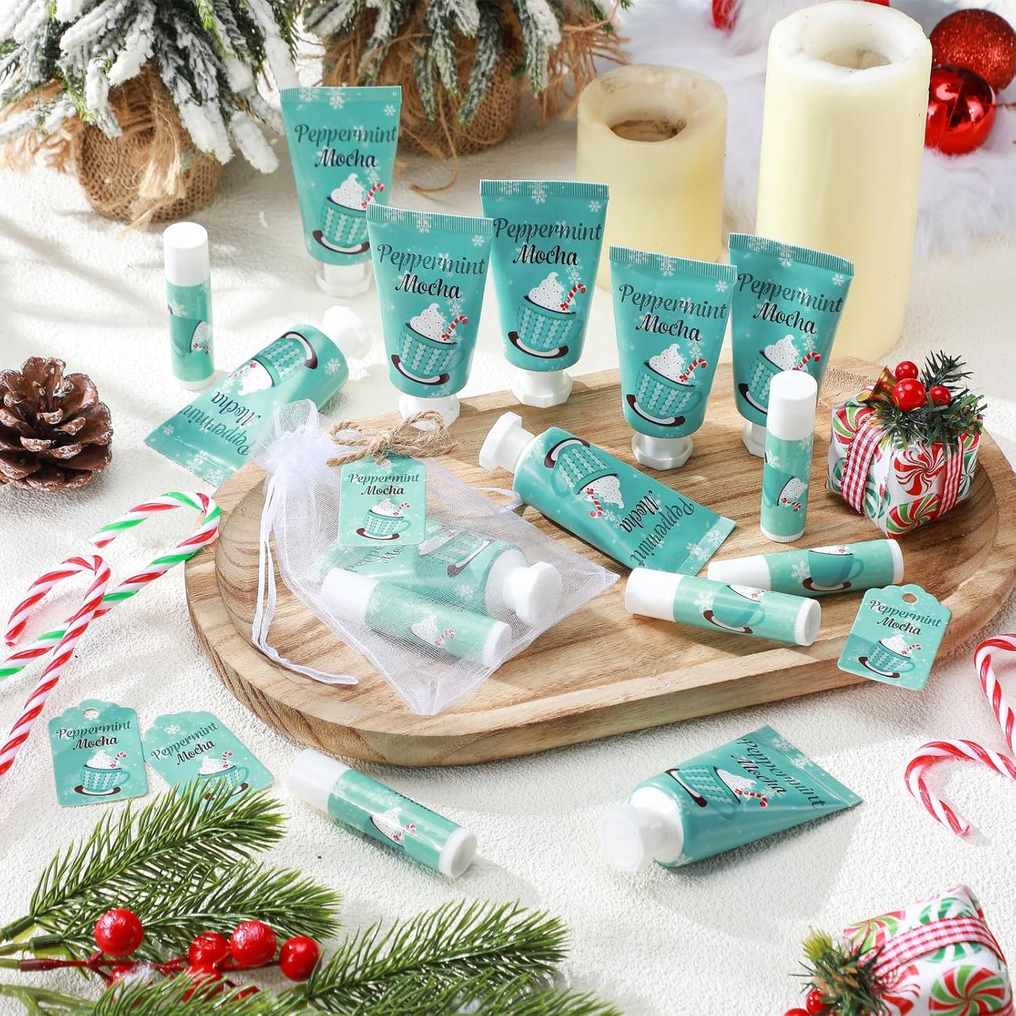 24 Sets Hand Cream and Lip Balm Gift Bridal Baby Shower Party Supply Travel Size Hand Lotion and Lip Balm Bulk with Organza Bag and Tag Wedding Baby Shower Party(Mint,Peppermint Mocha)
