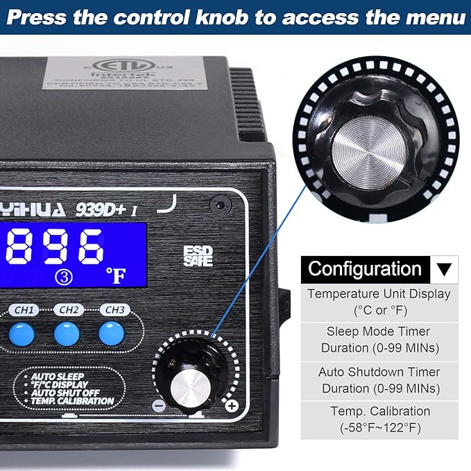 YIHUA 939D+ I Soldering Station, Upgraded, 75 Watt Equivalent with 3 Memories, °C/°F LCD display, Sleep Function, Automatic Shutdown & Brushed Aluminum Panel(Iron-burn Resistant)