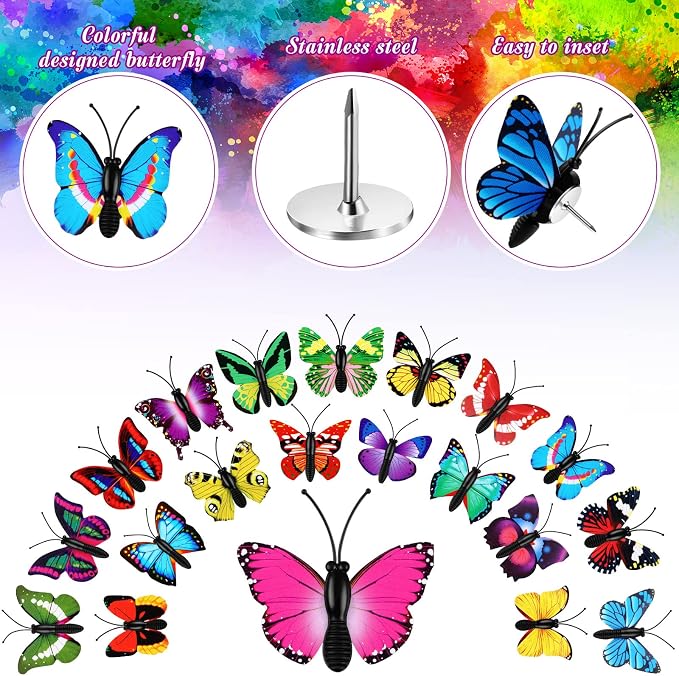 Epakh 30 Pcs Butterfly Thumb Tacks Decorative Butterfly Push Pins Push Pins