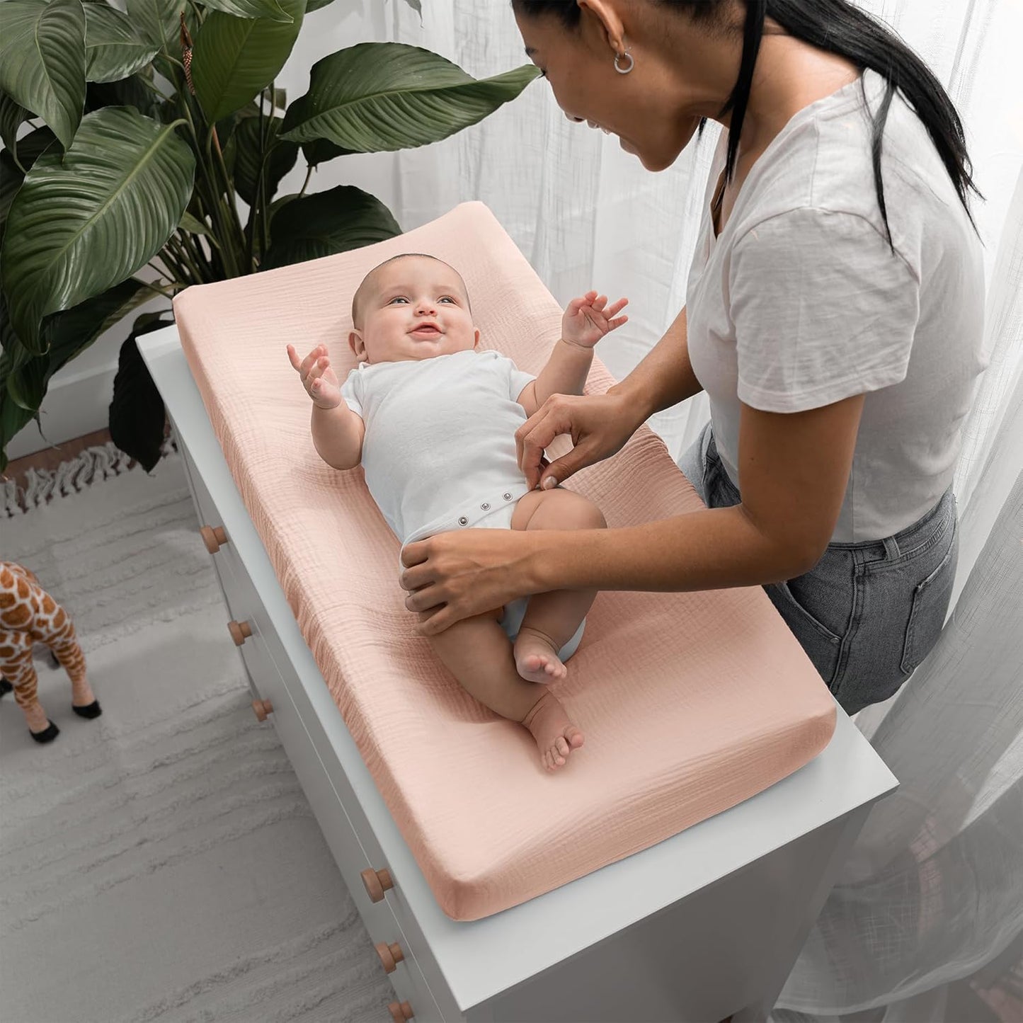 Comfy Cubs Muslin Fitted Changing Pad Cover - Soft, Breathable & Washable 100% Cotton Fitted Sheet for Baby's Comfort - Universal Fit for Flat & Curved Baby Changer Pad - Blush