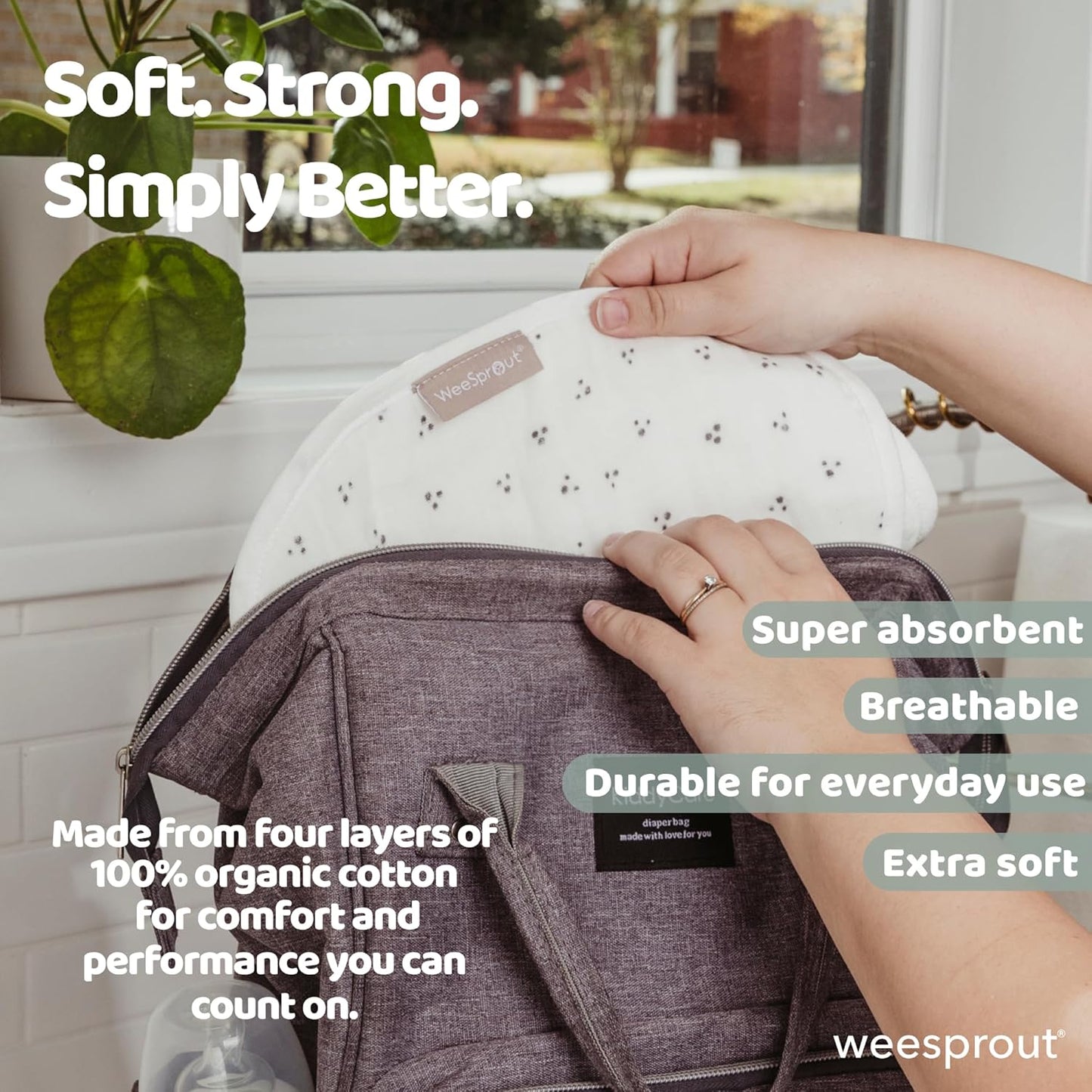 WeeSprout Unisex Organic Towel Cotton Burp Cloths, Set of 4, Four Ultra-Absorbent Layers Keep Clothes Dry, Button Transforms into Baby Bib, Machine Washable & Dryer Safe (White Set, Full)