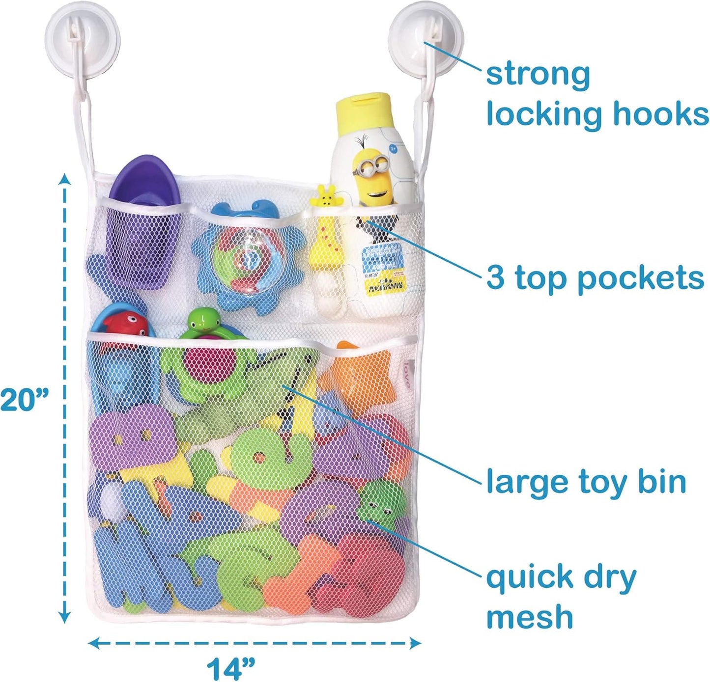 Lilly's Love Bath Toy Storage - Large 14 x 20 inch Bathtub Toy Holder + 2 Locking Hooks, Quick Dry & Easy for Kids to Put Bath Toys Away