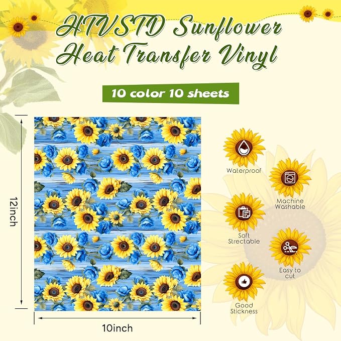HTVSTD Sunflower HTV Heat Transfer Vinyl 10 Sheets 12×10in Iron on Vinyl |