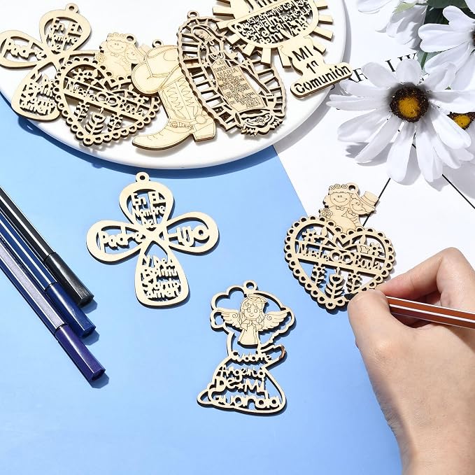 35 pcs 7 Styles Wedding Theme Wood Cutout Charms Angel Goddess Heart Cross Sun