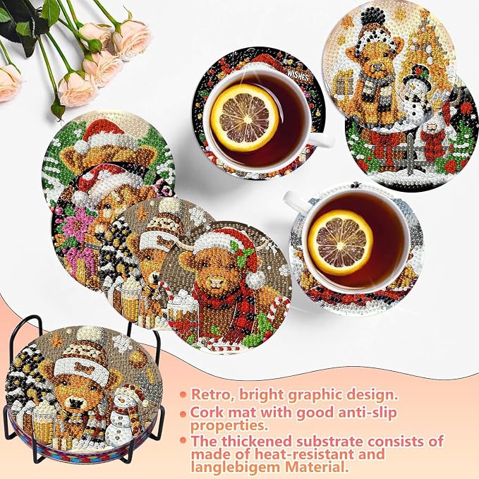 8 PCS Christmas Diamond Art Coasters Kits Highland Cows Coaster Kits | Diamond