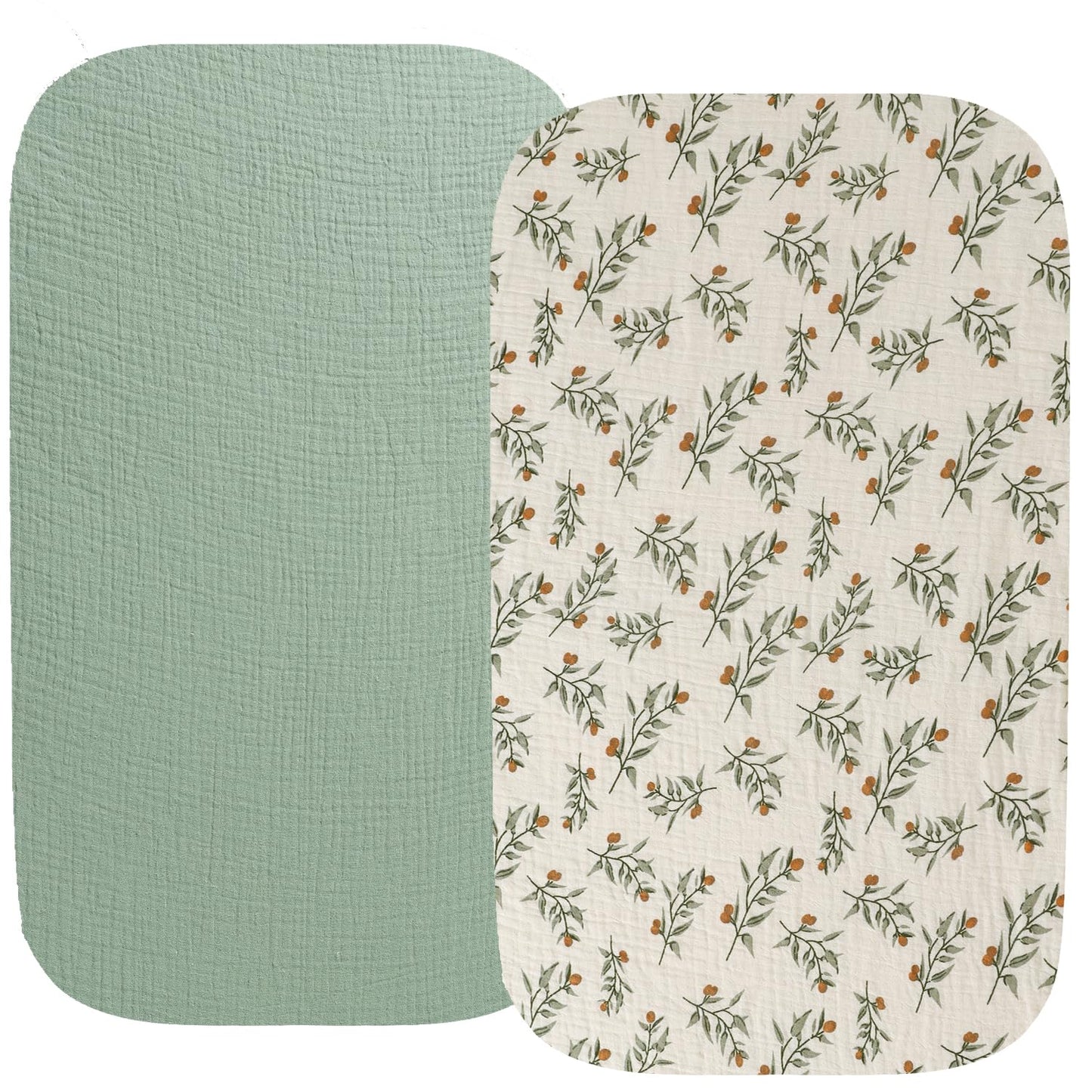 Muslin Bassinet Sheet Compatible with Dream On Me Traveler,Skylar,Lotus,Seashell Bassinet, INFANS Maydolly, Evolur Stellar Bassinet 2 Pack Cotton Fitted Sheets for Baby Roman Green & Botanical Leaf