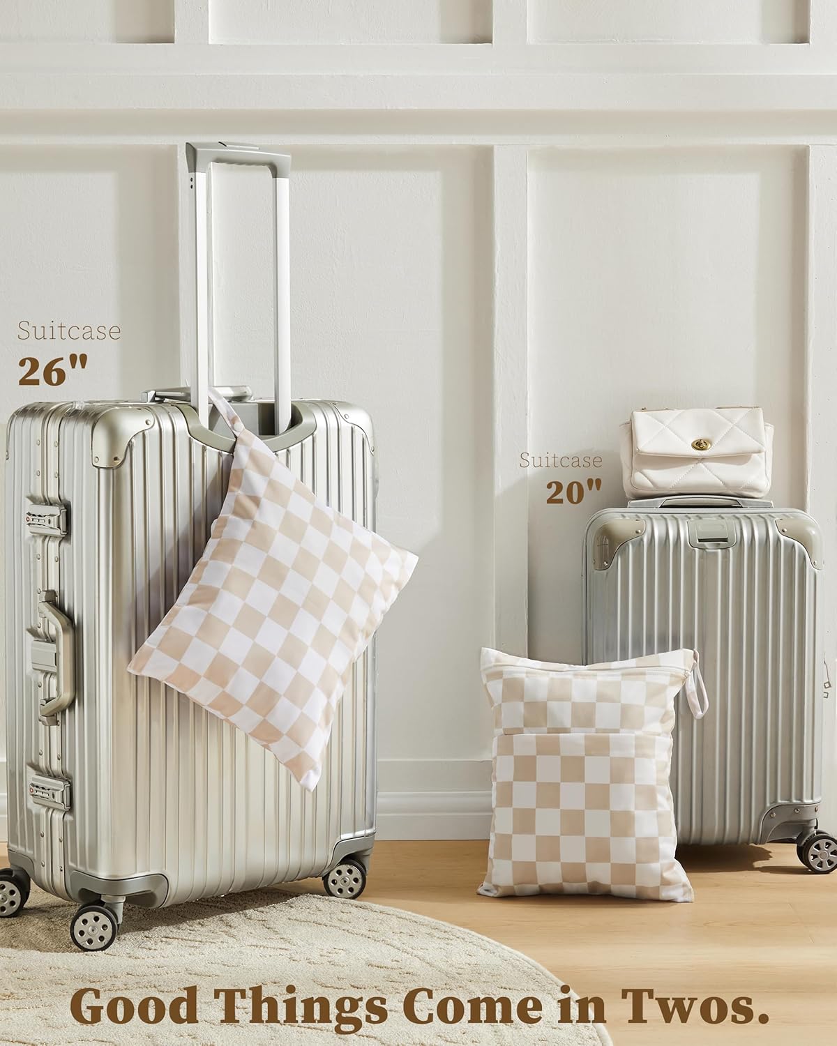 Beige Khaki Checkered Waterproof Wet Dy Diaper Bag for Baby Essentials, Travel, Swimsuit, Beach Bag Accessories, Aesthetic Trendy Cute Toddler Baby Cloth Bag Pouch, Pack of 2
