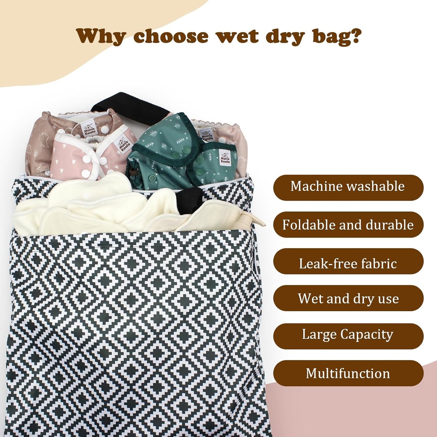 Mama Koala Reusable Hanging Wet Dry Bags for Baby Items, Cloth Diapers, Swimsuits, Travel, Gym Clothes, Beach, Pump Parts, Toiletries, Two Zippered Pockets, 2 Pack (W007L)