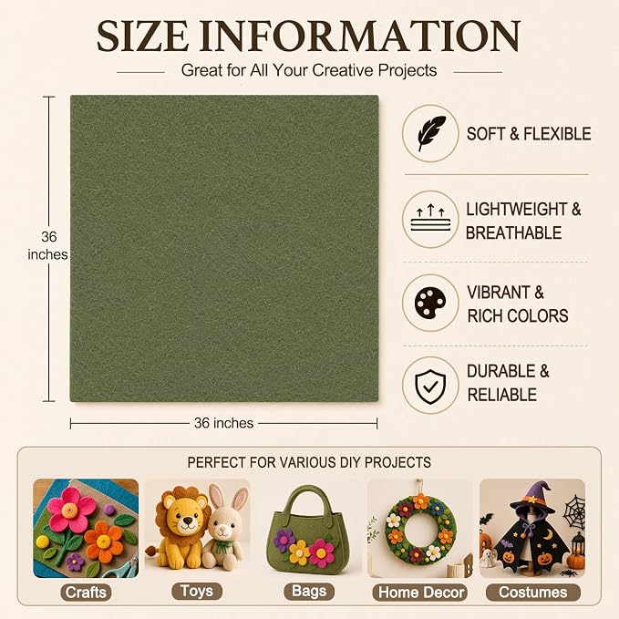 Sage Green Large Felt Fabric 36" x 36", 1.4 mm Soft Felt Sheet, Nonwoven Fabric