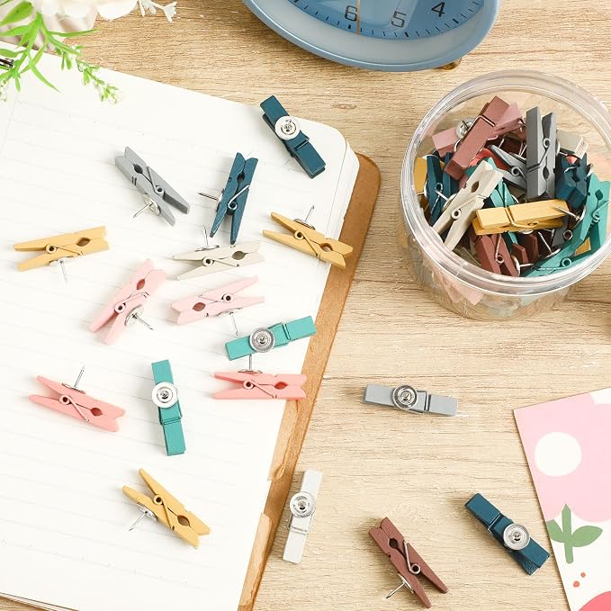 SANNIX 50Pcs Wooden Push Pin Clips, Morandi Wooden Clips