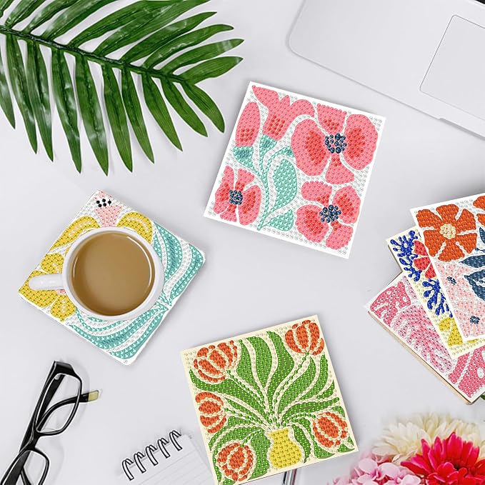 Gemozaic 8PCS Flowers Diamond Art Coasters Kits, Simple Floral Diamond Painting