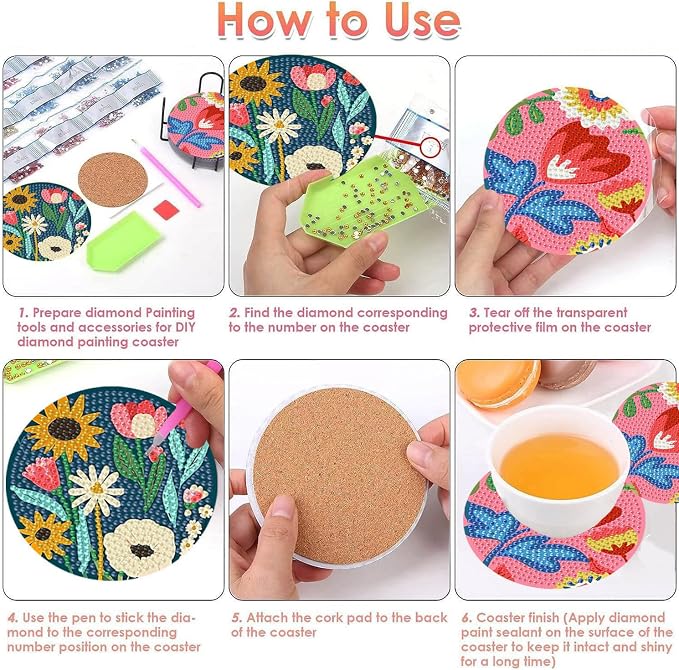 Benjenes 8PCS Flowers Diamond Art Coasters Kit