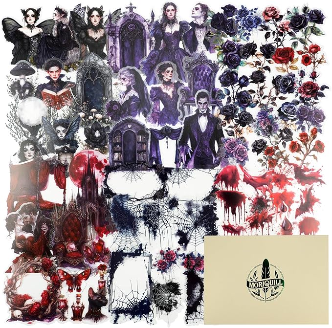 180PCS Night Falls PET Stickers, Dark Gothic Collage; Vampire Queen & Moon Elf