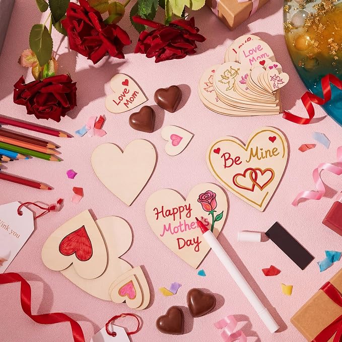 Qunclay 80 Pcs 5 Sizes Wooden Heart Magnets