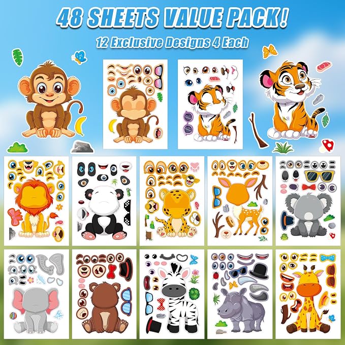 48 Sheets Create Funny Safari Animals Stickers, Make a Face Stickers
