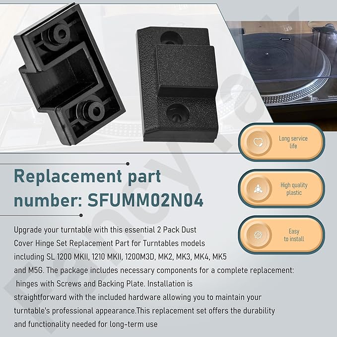 2 Pack Dust Cover Hinge Set Replacement Part for Turntables SL 1200 MKII / 1210 MKII, 1200M3D, MK2, MK3, MK4, M5G, SFUMM02N04, with Screws and Backing Plate