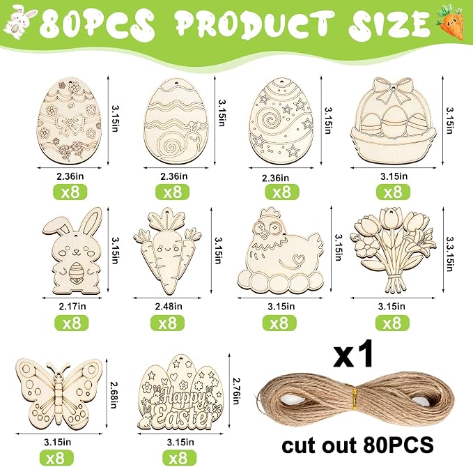 80PCS Unfinished Ornament Wood Crafts, Painting Blank Wooden Cutouts | DIY 10