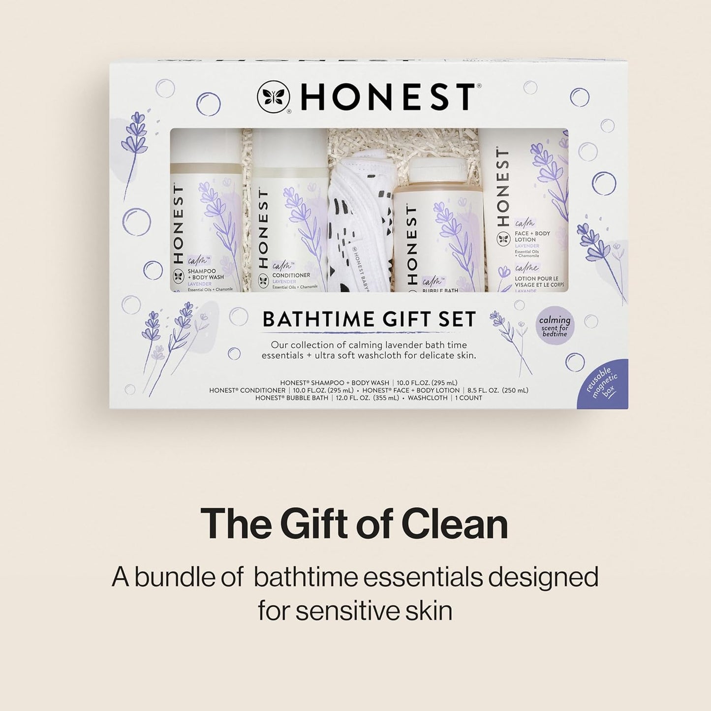 The Honest Company Calming Lavender Bathtime Gift Set Hypoallergenic Bath Essentials for Sensitive Baby Skin Shampoo and Body Wash Face and Body Lotion Bubble Bath Conditioner Wash Cloth