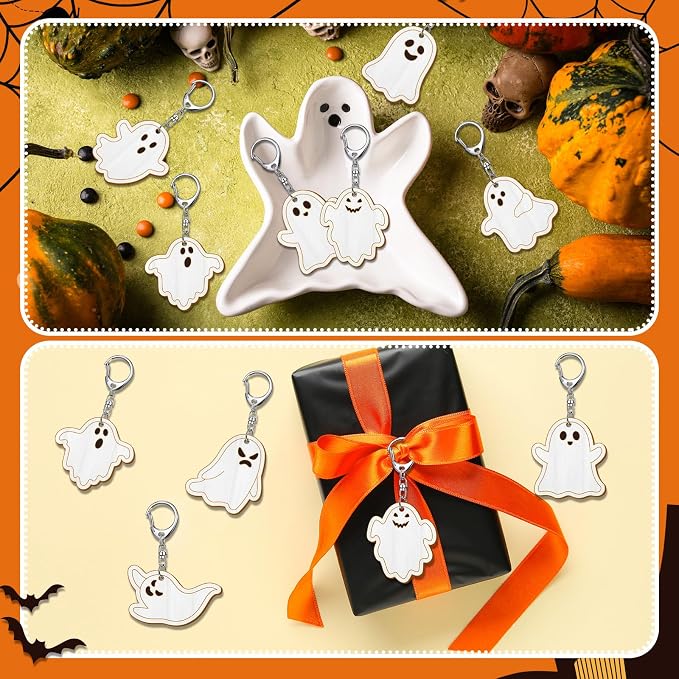 RattanView 24 Pcs Ghost Craft Color Your Own Keychains DIY Craft Wooden Blank