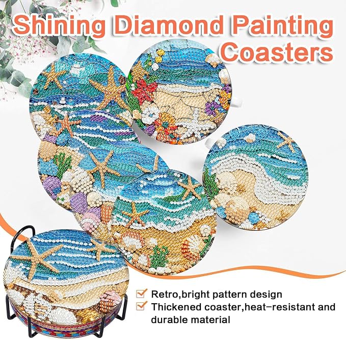 ijbnhd 8 Pack Diamond Art Coasters Kits Ocean | Diamond Painting Coasters Kit