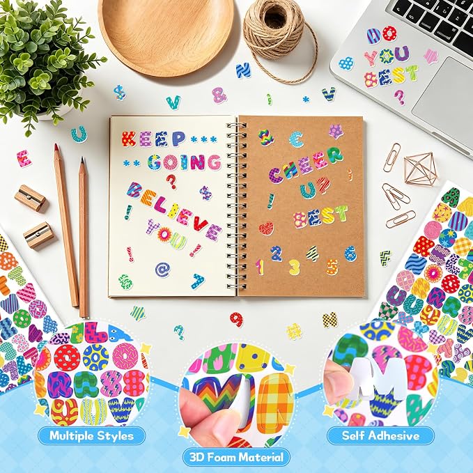 640 PCS Foam Letter Stickers for Kids Crafts, 3D Puffy Colorful Alphabet ABC
