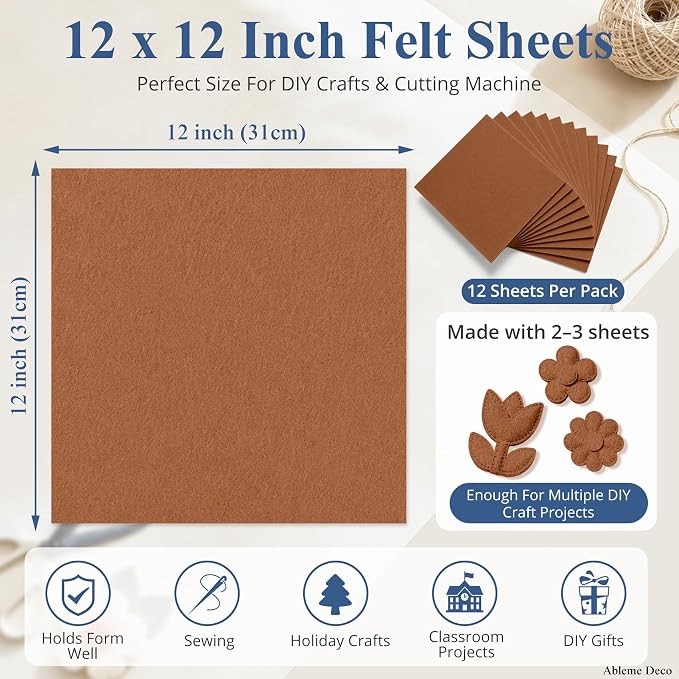 12" x 12" Felt Sheets for Crafts, 2mm Stiff Felt Fabric, Chocolate | 2mm Thick