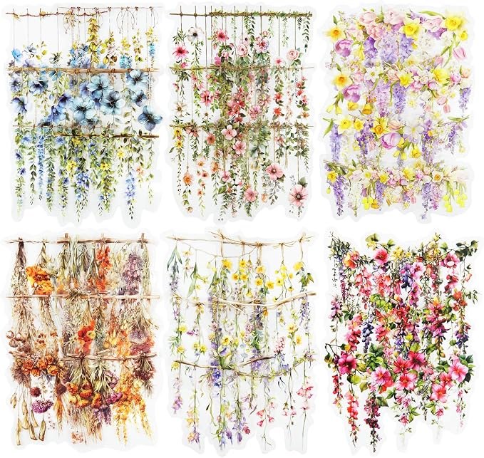 Hanging Floral PET Stickers Set, Journaling, DIY Crafts, and Art Supplies