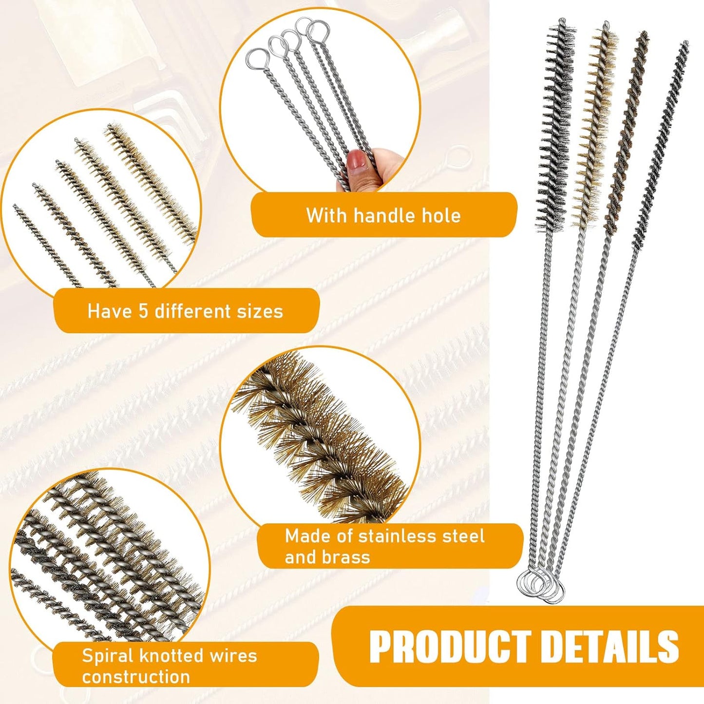 Wire Tube Brushes Bulk for Cleaning Pipe Tube Brass Stainless Steel Round Wire Brush for Auto Parts Christmas, Bottles, Tubes, 5 Sizes(20 Pieces)