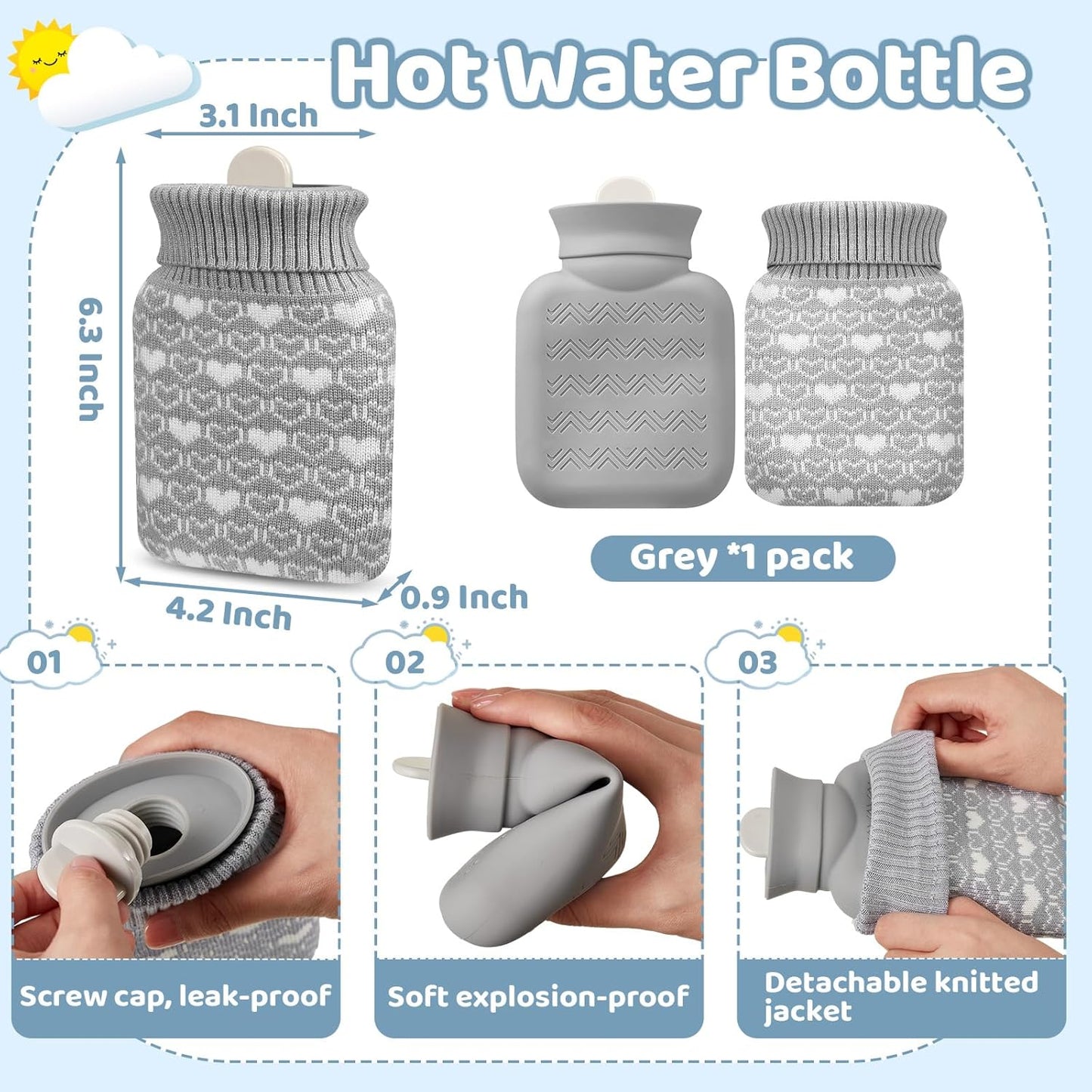 Amylove Mini Hot Water Bottle 320ml for Hot & Cold Compress with Cover Silicone Microwave Heating Small Water Bag for Travel Pain Relief Holiday Gifts (Gray)