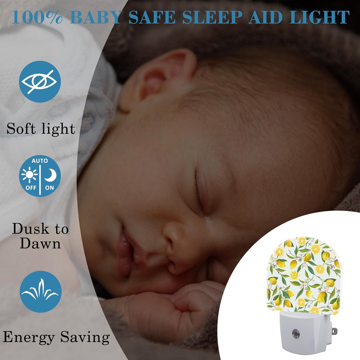 Watercolor Lemon Floral Night Light Plug into Wall with Dusk to Dawn Sensor Cute Nightlight for Kid Girls Boys Women Men Room Decor, Hallway, Kitchen, Bathroom, Nursery, Stairs