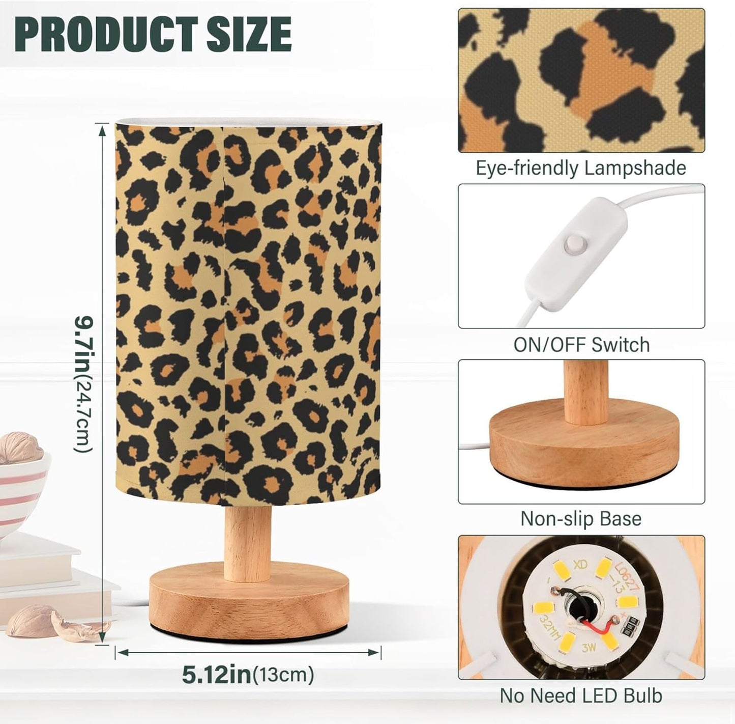 Table Lamp Leopard Print Wild Animal Skin Scale Design Pattern Nightstand Lamp with Wood Base Fabric Lamp Shade Bedside Desk Lamp for Living Room Bedroom Kids Room Office