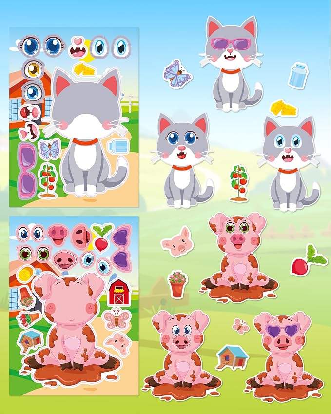 Aowplc 48 Sheets Farm Animal Make‑a‑Face Stickers