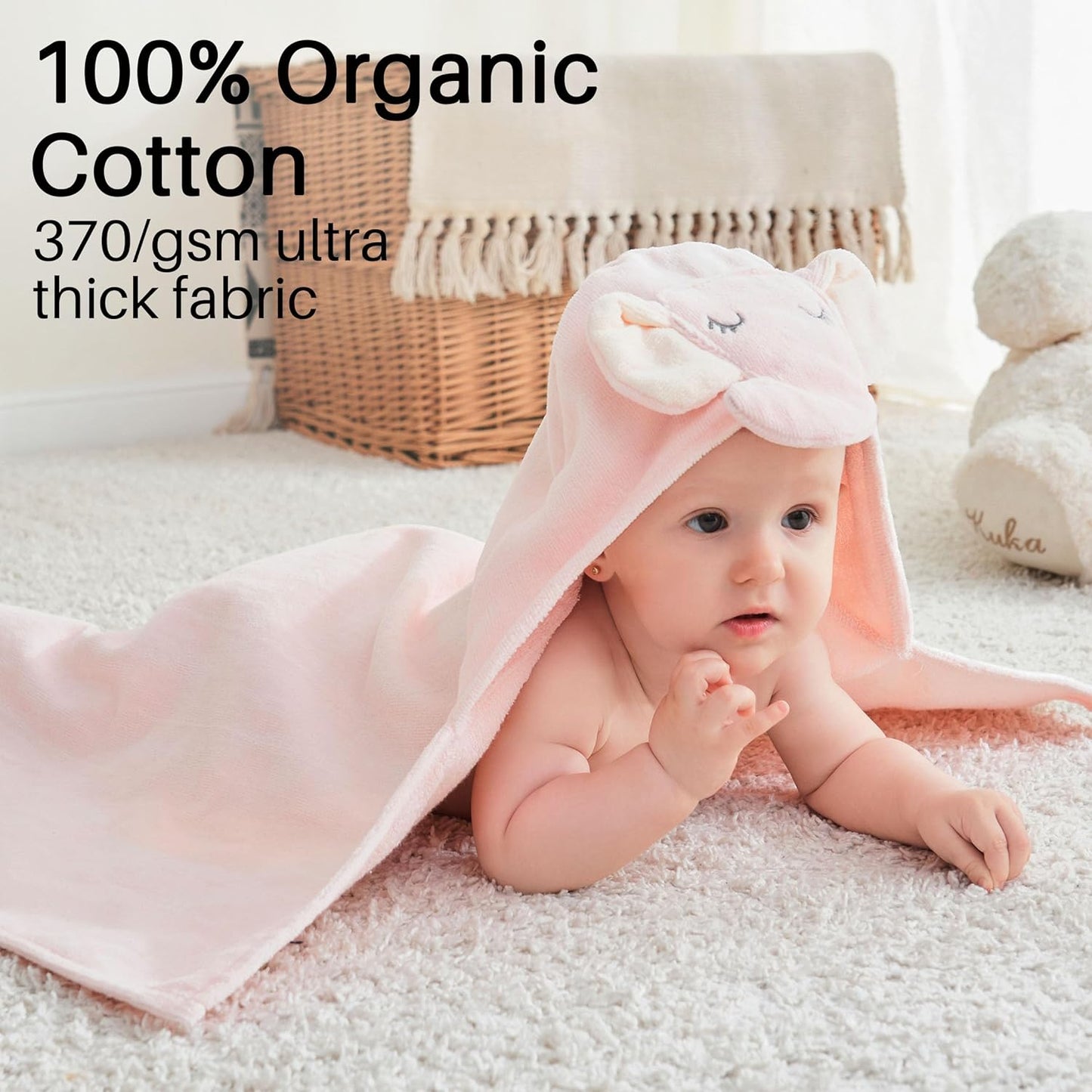 Viviland 2 Pack Hooded Baby Towels, Soft 100% Cotton Baby Bath Towels with Hood, Extra Thick and Absorbent, Essential for Newborns, Kids, Infants - Girls and Boys (Pink Elephant & Dog)
