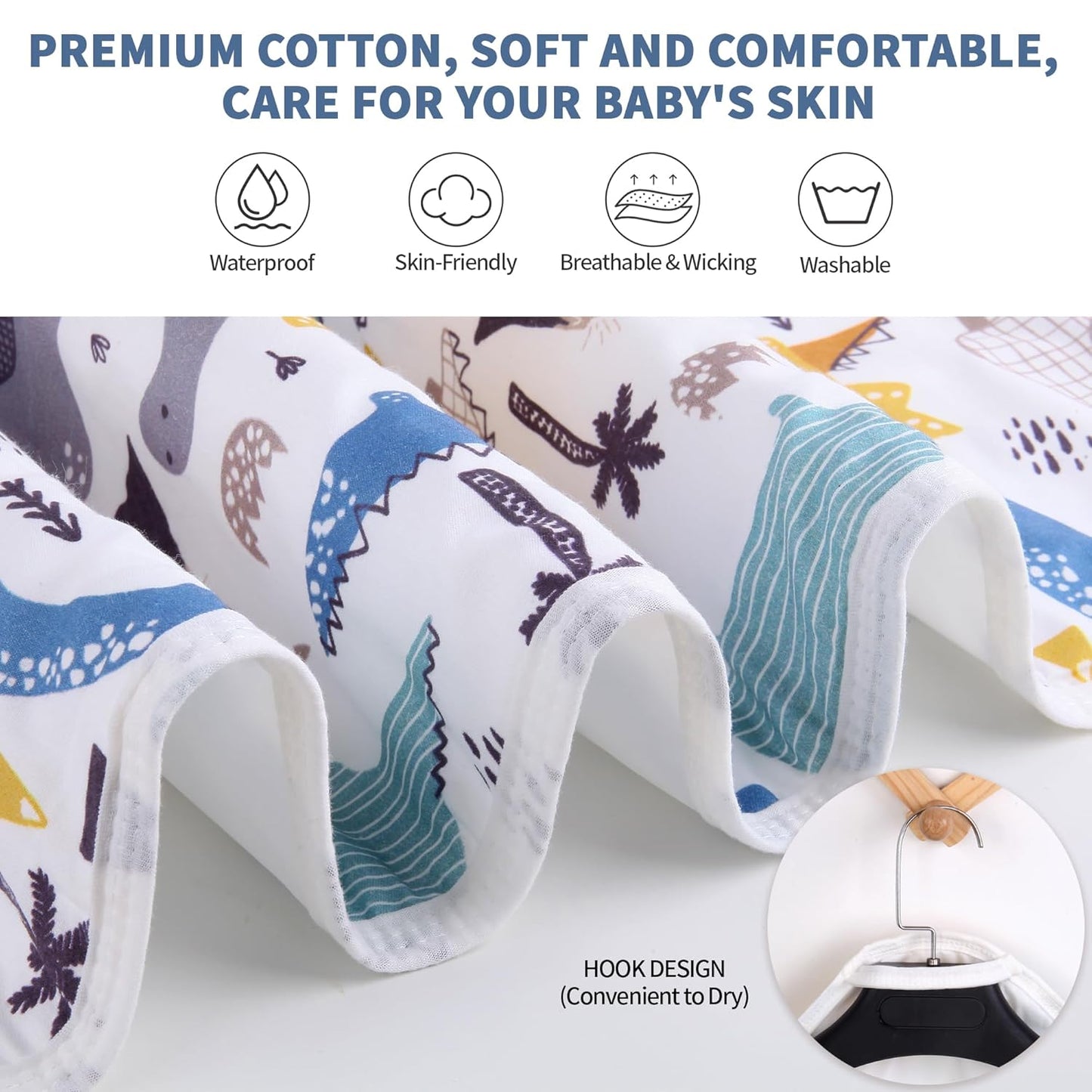 Diaper Changing Pads for Baby, Dinosaur Change Mat, 3Layers Waterproof Change Pad Foldable Absorbent Mats for Women, Reusable Incontinence Underpads for Patient 24''x30'' (Blue Dinosaur)