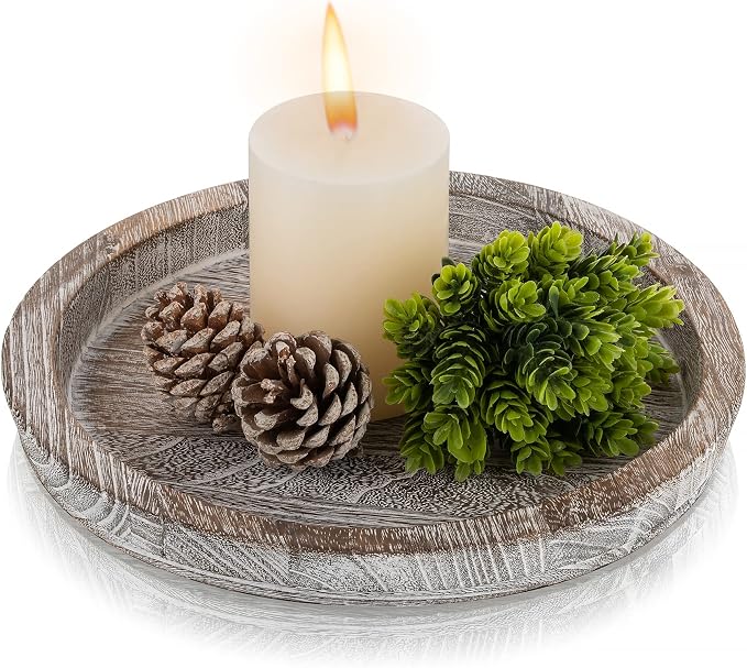 Hanobe Decorative Coffee Table Tray, Round Wood Candle Holder Plate | Wooden