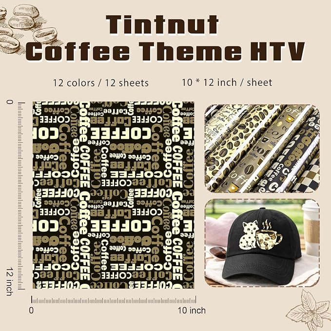 Tintnut Coffee Theme Heat Transfer Vinyl, 12 Sheets 12"x10" Iron on Vinyl |
