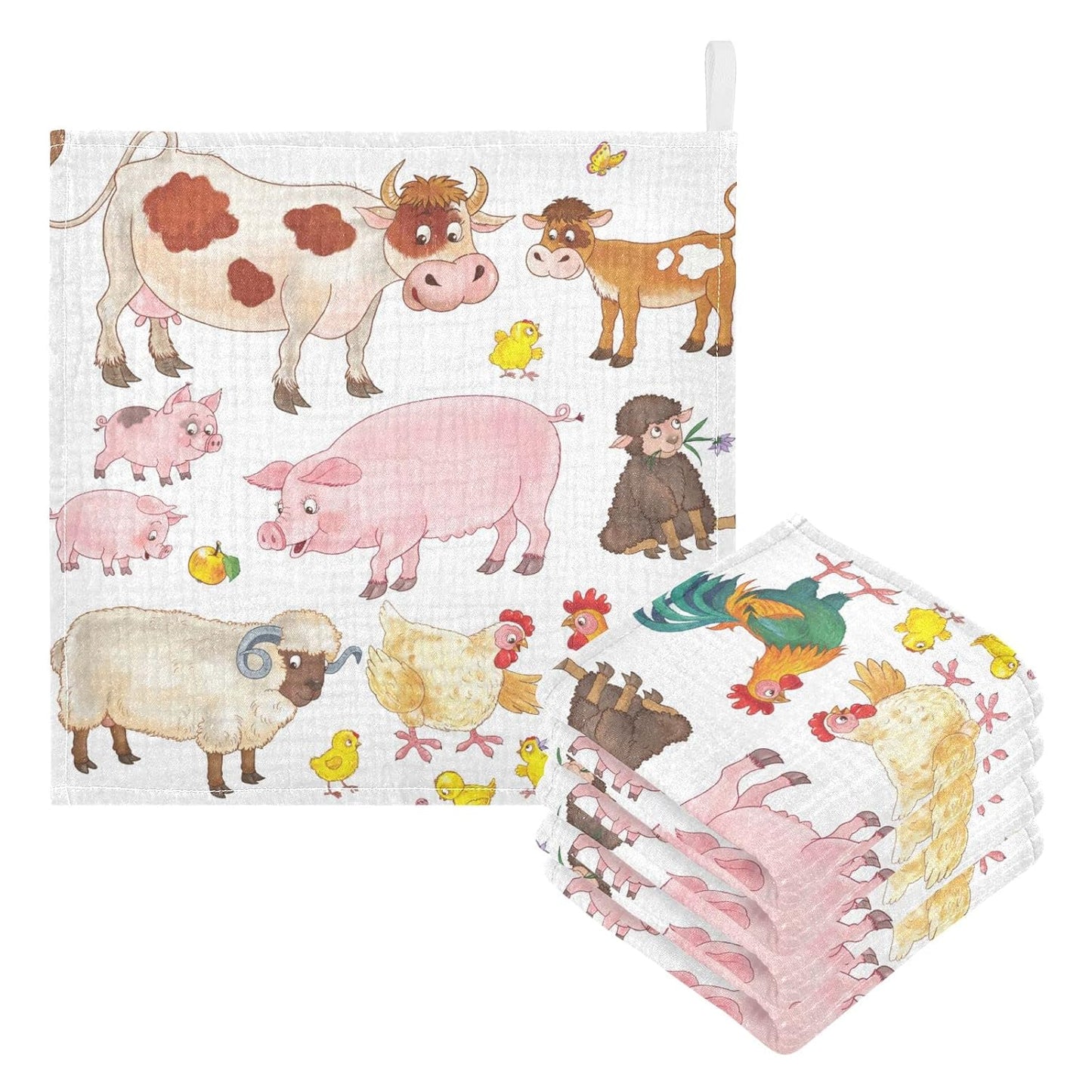 Cow Pig Sheep Chick Burp Cloths for Boys Girls, 3 Pack Farmhouse Animals Muslin Washcloths, Newborn Face Bath Towel, Soft Absorbent Cotton Wash Cloth, Baby Registry, 12 x 12 Inch