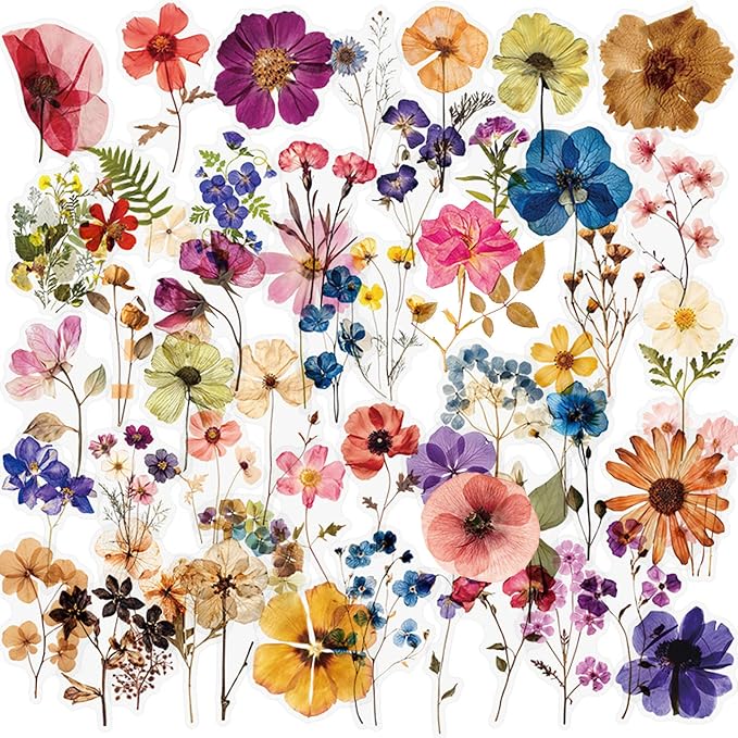 52Pcs Transparent Flora Scrapbook Stickers Pack, Colorful Wildflower Daisy Rose