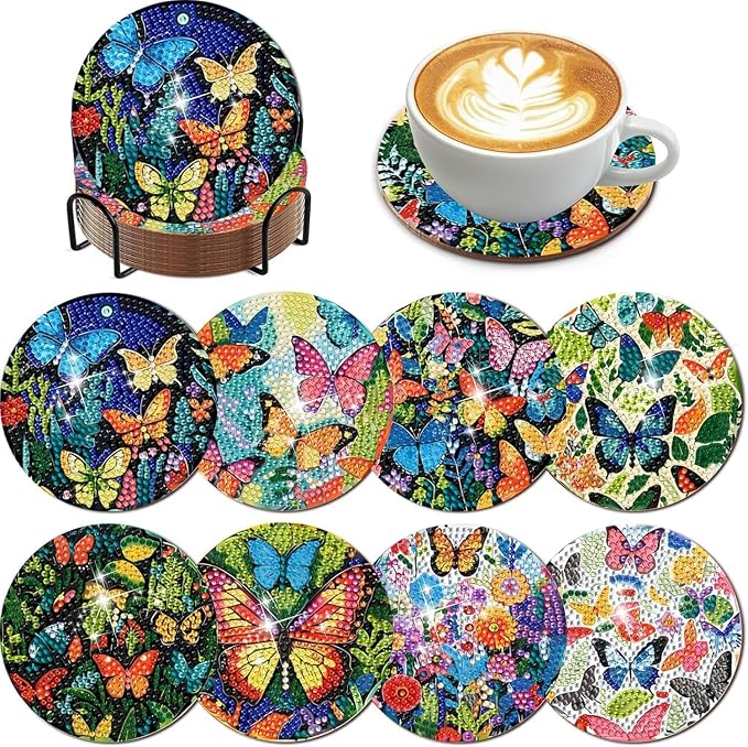 EWJRNSF 8 PCS Butterfly Diamond Art Coasters Kit Without Holder