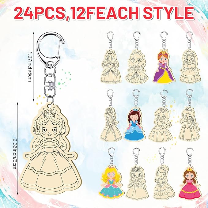 RattanView 24 Pcs Princess Craft Color Your Own Keychains DIY Craft Wooden
