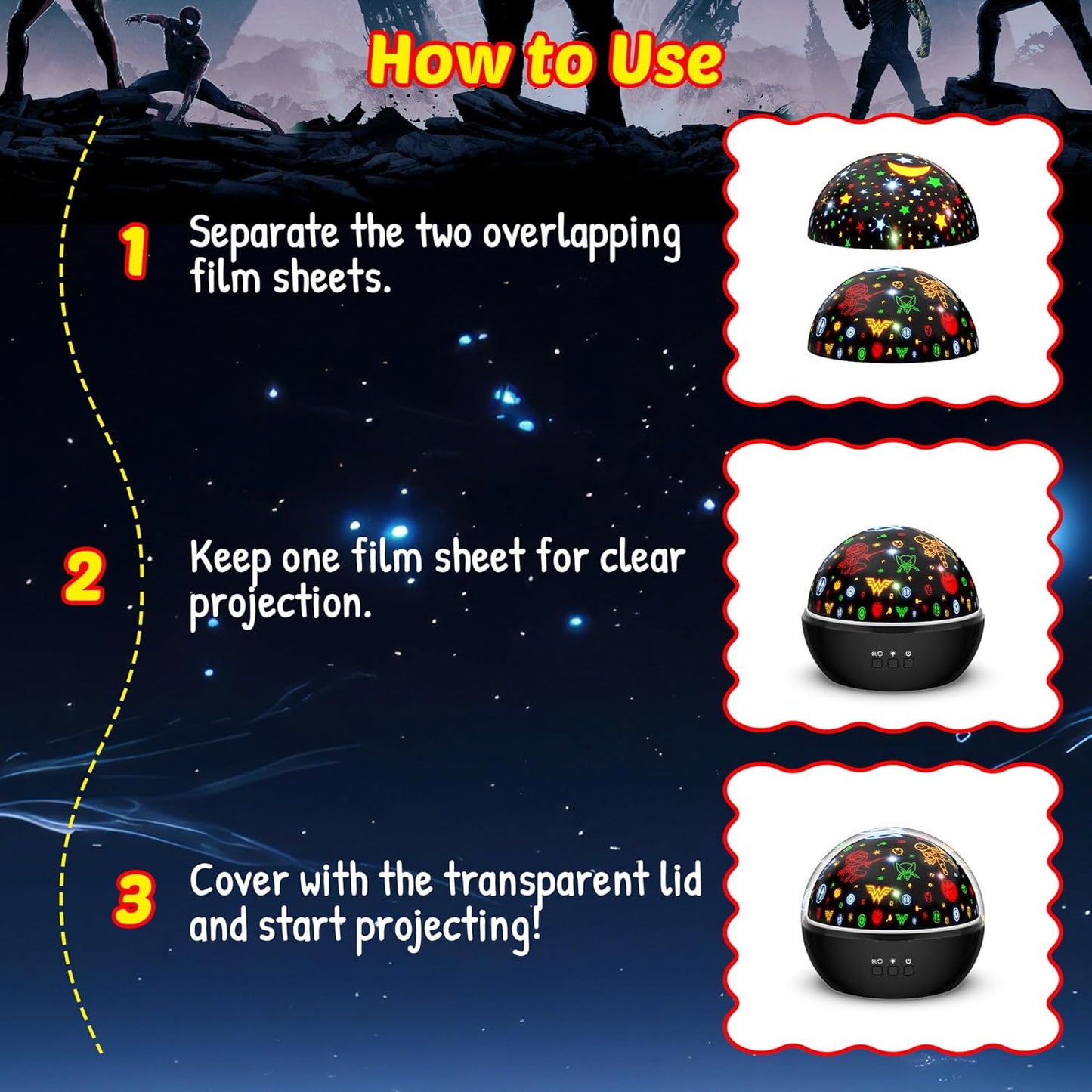 Super Hero Night Light for Boys | Spiderman Night Light and Star Projector 2-in-1 | Avengers Light Projector for Kids Bedroom Decor | Superhero Toys Gifts for Boys 4-6