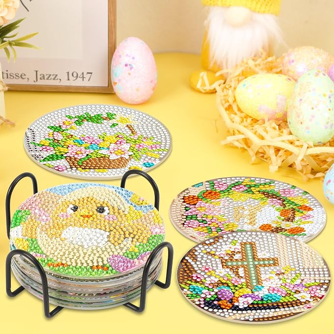 UPINS 8 Pieces Easter Diamond Art Coasters, Bunnies Diamond Art Coaster