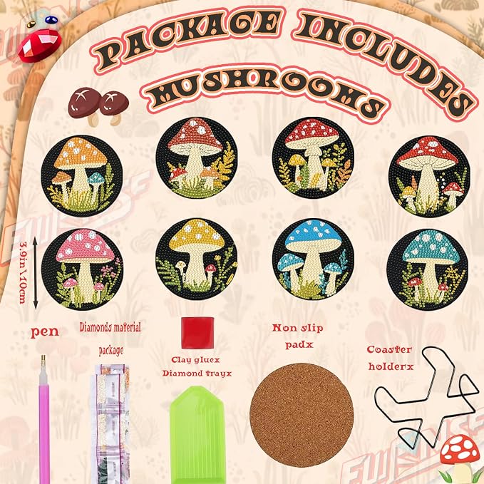EWJRNSF 8 PCS Mushroom 5D Diamond Painting Coasters DIY Kit