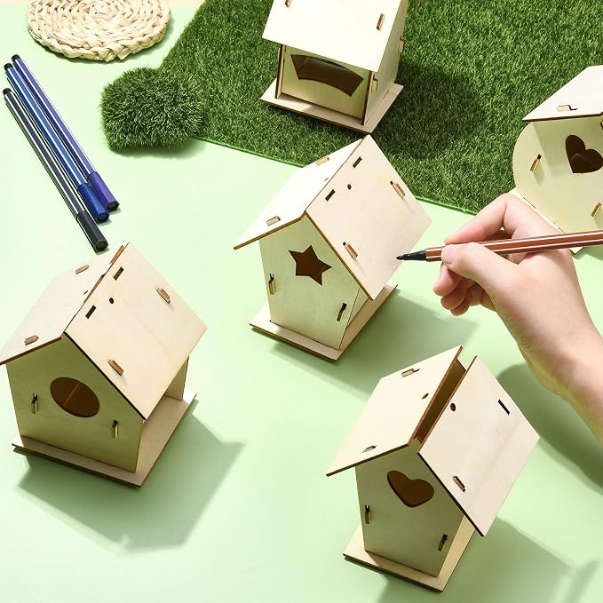 6 Sets 6 Styles Breeding Box Theme Unfinished Wood Bird House Hollow Star