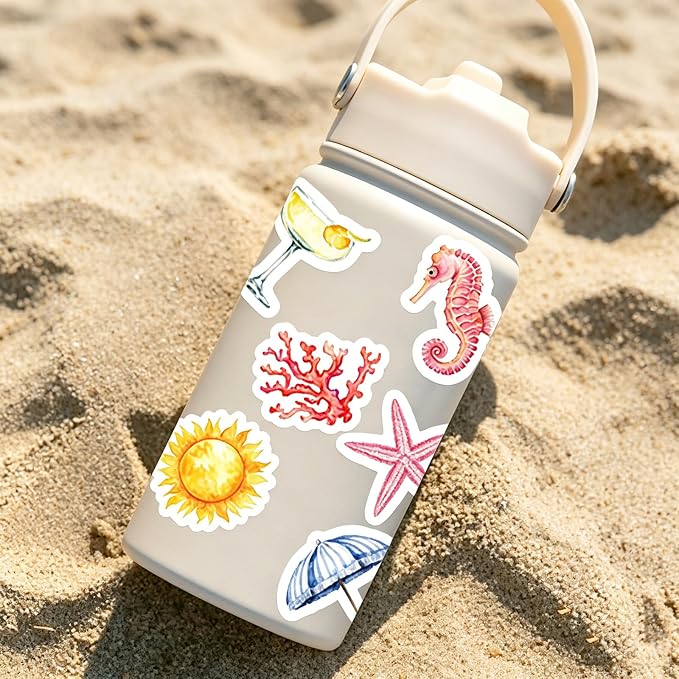 50 Pcs Watercolor Summer Beach Stickers, Tropical Ocean Fruit Sea Creature